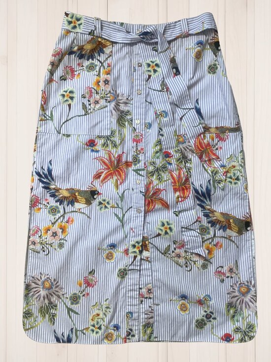 River Island Dresses & Skirts - River Island Floral Bird Striped Midi Skirt Button-Front Tie-Waist Cotton Sz 4